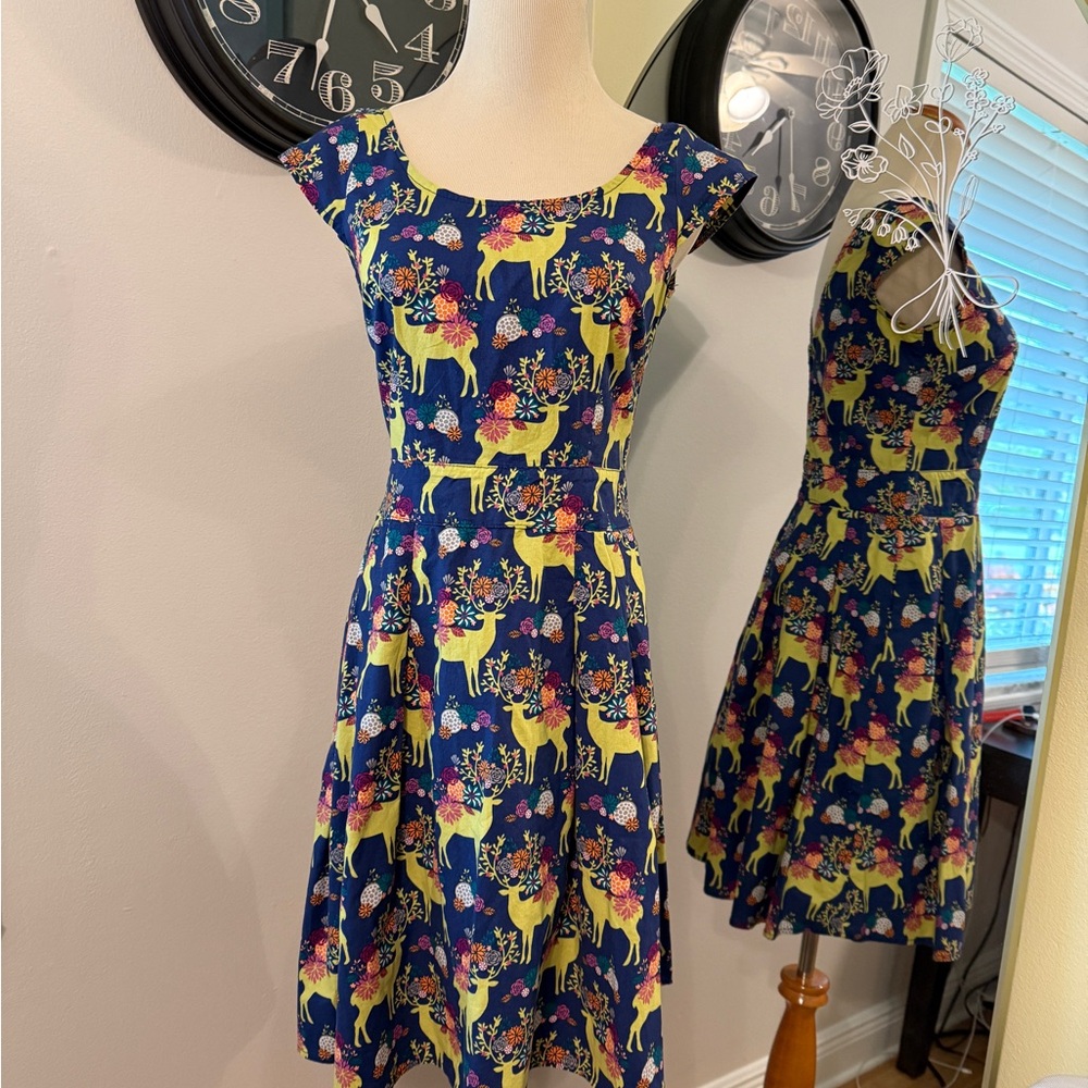 Retrolicious Small Deer print dress cotton Like New